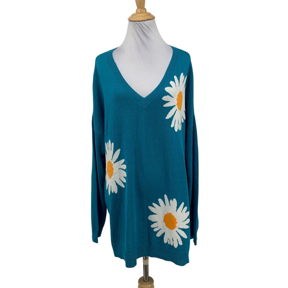 Laurie Felt Sweater Womens XL Teal Cashmere Blend Daisy Print V Neck Pullover